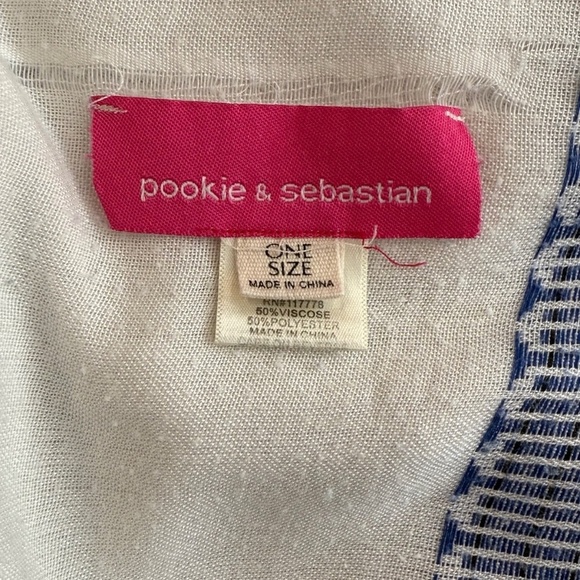 Pookie & Sebastian Caftan Cover-Up; Beach; Tassels; Fringe; White/Blue; One Size - Picture 3 of 6